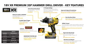 Dewalt DCD1007H2T 18v XR Premium 3SP Brushless Hammer Drill x2 5Ah + Grinder