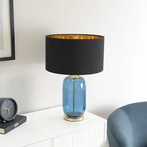 ValueLights Leigh Navy Blue Glass and Gold Detail Table Lamp with Black/Gold Shade Light - LED Bulb Included