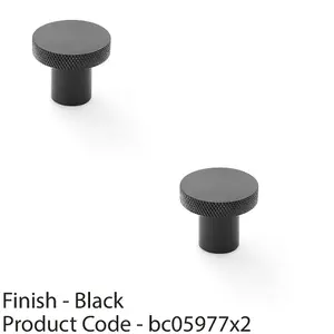 2 PACK - Knurled Round Radio Cupboard Door Knob - 30mm Diameter Matt Black Pull Handle