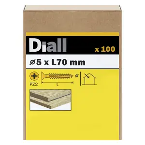 Diall Double-countersunk Yellow-passivated Carbon steel Screw (Dia)5mm (L)70mm, Pack of 100