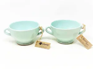 Rustic Pastel Fully Dipped Terracotta Kitchen Dining Set of 2 Soup Bowls Pale Green (Diam) 14.5cm