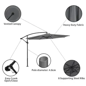 3M Large Rotatable Garden Sun Shade Cantilever Parasol Patio Hanging Banana Umbrella Crank Tilt No Base, Dark Grey