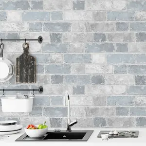 Brick Wall Effect Stone Sky Blue Light Grey Rustic Wallpaper Bedroom Boys Girl