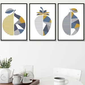 Set of 3 Geometric Fruit Strawberry Blue Yellow Wall Art Prints / 42x59cm (A2) / Black Frame