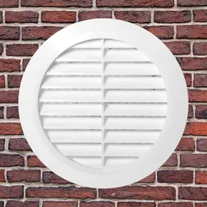 White Louvred Wall Vent Grille with Flyscreen for 125 mm / 5" Round Wall Outlet - Air Ventilation Duct Cover with Flange