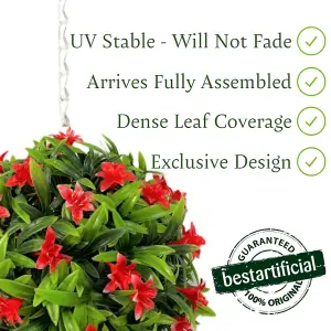 Best Artificial 23cm Red Lily Hanging Basket Flower Topiary Ball - Suitable for Outdoor Use - Weather & Fade Resistant