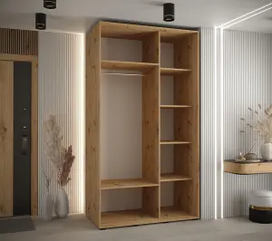 Cannes IV Elegant Oak Artisan Sliding Door Wardrobe 1400mm H2050mm D600mm with Black Steel Handles and Decorative Strips