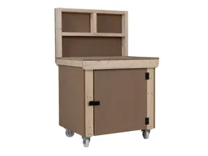 Wooden MDF Top Workbench With Lockable Cupboard (V.9) (H-90cm, D-70cm, L-90cm) with back panel, double shelf and wheels