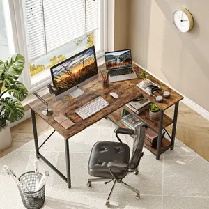 L-Shaped Desk (120 or 140cm x 90cm) Corner Desk with Adjustable Shelves by Aliff Rustic Brown / 74cm H x 120cm W x 90cm D