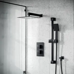 Temel Matt Black Rainfall Shower Head with Hand Held and Thermostatic Valve Set