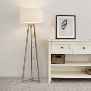 ValueLights Lottie Grey Wood Tripod Floor Lamp with Cream Boucle Drum Shade