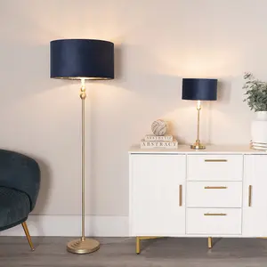 ValueLights Maggie Gold Candlestick Floor Lamp with Navy Blue Velvet with Gold Inner Lamp Shade and LED Bulb