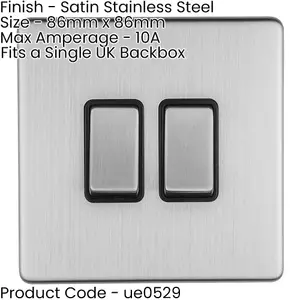 5 PACK 2 Gang Single Light Switch SCREWLESS SATIN STEEL 2 Way 10A Slim Rocker