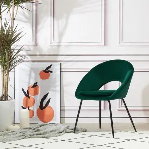 Set of 2 Green Velvet Padded Dining chairs with Black frame legs, open back design