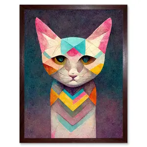 Geometric Colourful Multicoloured Pastel Cat - Painting Brown Framed Paper / 43cm H x 33cm W