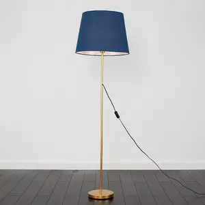 ValueLights Modern Gold Metal Standard Floor Lamp With Navy Blue Tapered Shade - Includes 6w LED Bulb 3000K Warm White