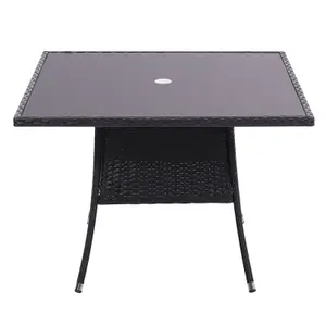 Retro Square Garden Wicker Rattan Tempered Glass Top Outdoor Patio Dinging Table with Umbrella Hole Black 105 cm