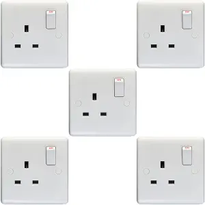 5 PACK 1 Gang Single Pole 13A Switched UK Plug Socket - WHITE Wall Power Outlet