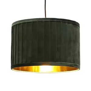 First Choice Lighting Set of 2 Sundance Dark Green Velvet Pleated 30cm Lamp Shades with Gold Inner