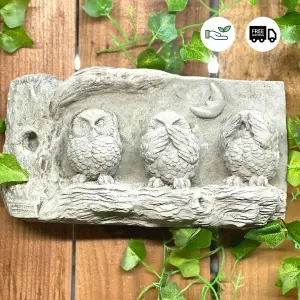 Wise Three Owl Stone Cast Wall Plaque