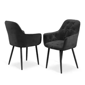 Set Of 2 Anika Modern Velvet Dining Chair Padded Seat Metal Legs Kitchen (Black)