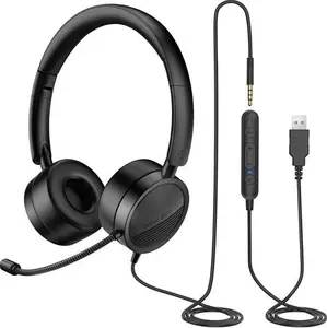 New Bee USB Headset With Microphone For PC Laptop, Computer Headsets With 3.5mm Jack 2-In-1 Audio Controls Clear Stereo Sound For Office Call Center