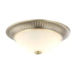 Traditional Antique Brass Flush Ceiling Light Fitting with White Glass Diffuser