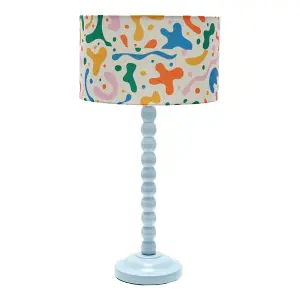 Powder Blue Bobbin Stem Table Lamp with Abstract Shapes Drum Shade for Living Room Bedroom - LED Bulb Included