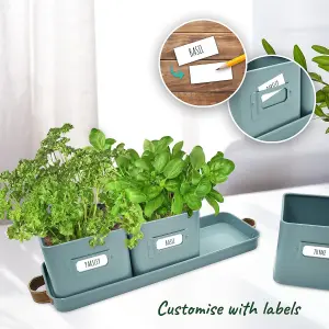 Herb Pots 2 Set Teal Blue Indoor Planters with Leather Handled Tray for Kitchen Windowsill Herb Garden