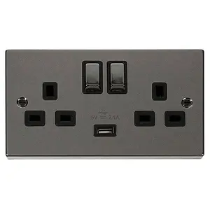 Black Nickel 2 Gang 13A DP Ingot 1 USB Twin Double Switched Plug Socket - Black Trim - SE Home