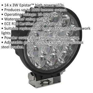 Waterproof Work Light & Mounting Bracket -42W SMD LED - 115mm Round Flash Torch