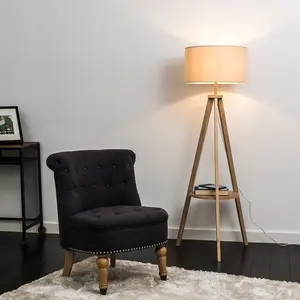 Ismay 149 cm Morrigan Wood Tripod Floor Lamp with Shelf & XL Reni Shade Light Brown / Biege / Yes