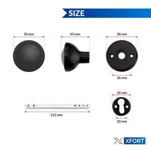 XFORT Black Rim Mortice Knob Set, Plastic Rim Lock Knobs, Door Knob Handles