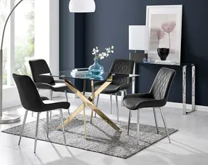 Furniturebox UK Leonardo 4 Gold Dining Table and 4 Black Pesaro Silver Leg Chairs