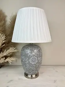 Grey Floral Ceramic Table Lamp with Pleated Shade