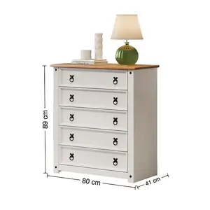 Corona White Small 5 Drawer Chest Solid Pine with Mexican Styling