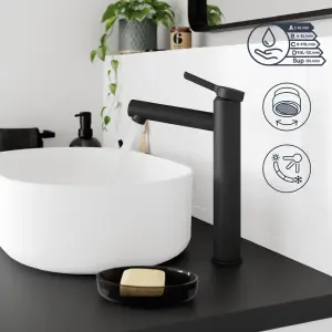 GoodHome Maza XL Matt Black Round Basin Mixer Tap