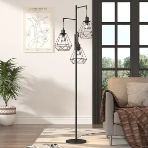 Black Modern Industrial Style 3-head Floor Lamp with Irregular Shade, Assembly Required