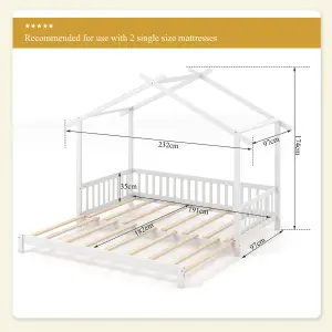 COSTWAY Single to Double Kids Bed Frame Wooden Extendable House Bed w/ Roof Frame