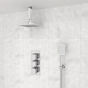 Nes Home Olive Square 3 Way Concealed Thermostatic Shower Mixer Valve, Ceiling Shower Head, Handset,Bath Filler Set Chrome