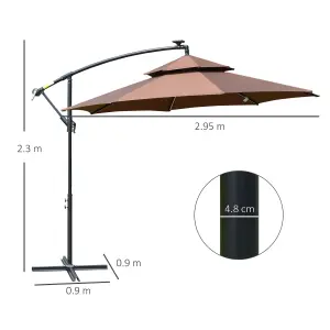 Outsunny 3(m) Cantilever Parasol Hanging Banana Umbrella w/ lights, Coffee