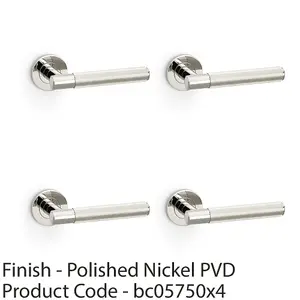 4 PACK - SOLID BRASS Reeded Door Handle Set - Polished Nickel Straight Lever Round Rose