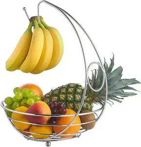 2 in 1 Kitchen Storage Fruit Bowl & Banana Hanger Chrome Metal Finish Modern