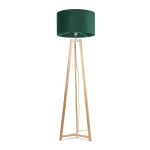 ValueLights Lottie Natural Wood Tripod Floor Lamp with Forest Green Velvet Drum Shade