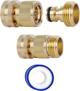 Brass Hose Connector Set - 3/4 Inch Female Thread Tap and Male Quick Connectors + PTFE Tape Universal Outdoor Tap Adapter