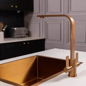 Flode Paddla Dual Lever Kitchen Tap Swan Neck Design Brushed Copper