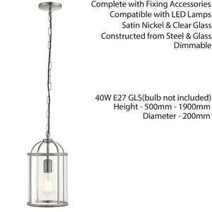 Hanging Ceiling Pendant Light Nickel & Glass Lantern Box Shade Lamp Bulb Holder