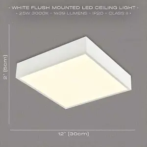 Modern 25w Bright LED Flush Square Ceiling Light in Mat White with Opal Diffuser