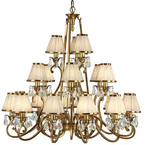 Esher Ceiling Pendant Chandelier Brass Crystal & Beige Shades 21 Lamp Light