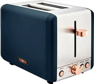 Tower T20036MNB Cavaletto 2-Slice Toaster With Defrost/Reheat, Stainless Steel, 850W, Midnight Blue And Rose Gold